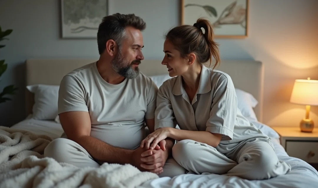 Casal de meia-idade sentado na cama conversando sobre saúde íntima