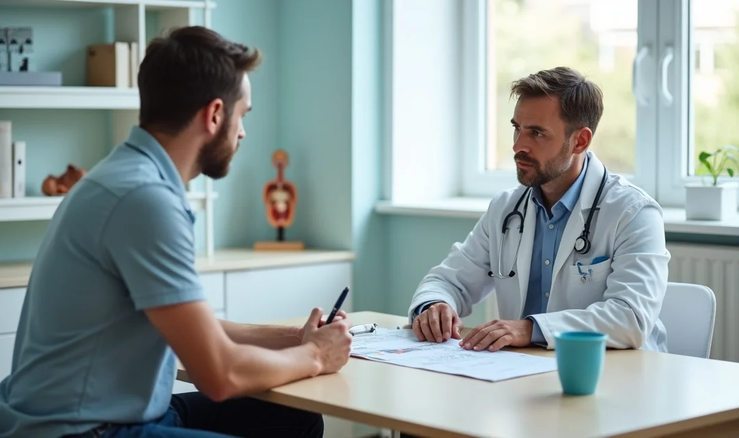Homem conversa com urologista sobre vasectomia em consultório moderno