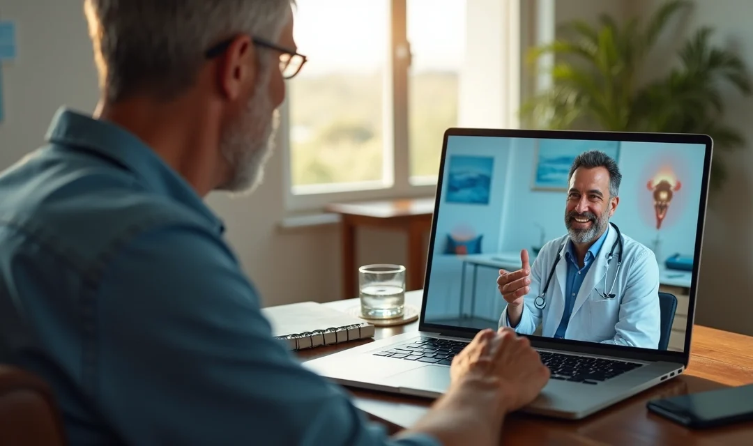Paciente em casa conversando com urologista por videochamada no laptop