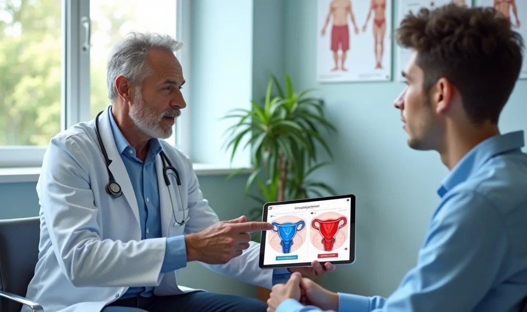 Urologista mostrando em tablet ilustração de varicocele para paciente masculino jovem em consultório moderno